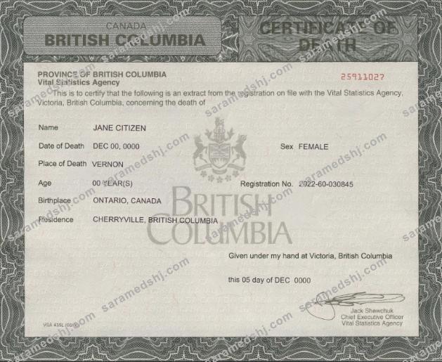 Canada British Columbia death certificate template in PSD format